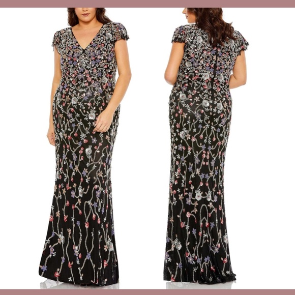 NWT $598 Mac Duggal [PLUS 18W ] Embellished Flutter Cap Sleeve V Neck Gown G1580 - Picture 2 of 15